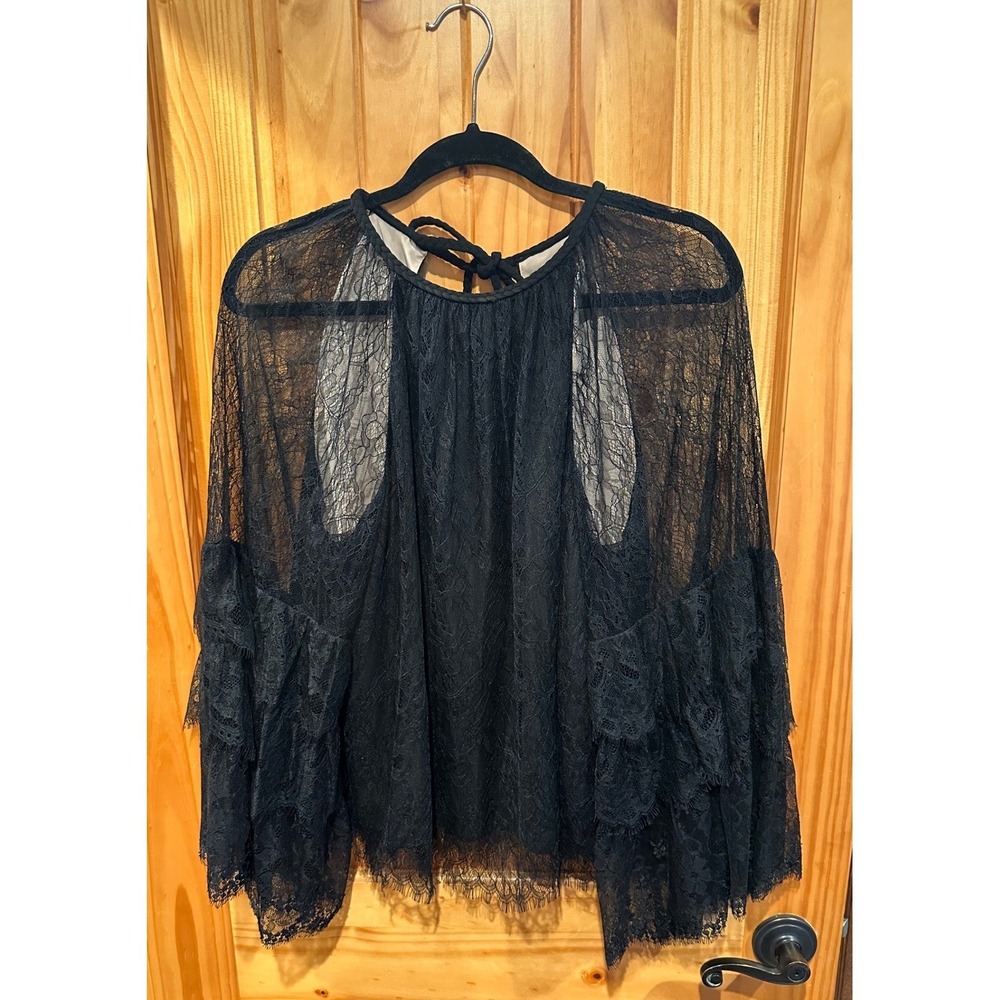 Alice + Olivia Delia Ruffle Tunic Blouse Black Floral Lace Womens L NWT - Picture 2 of 10